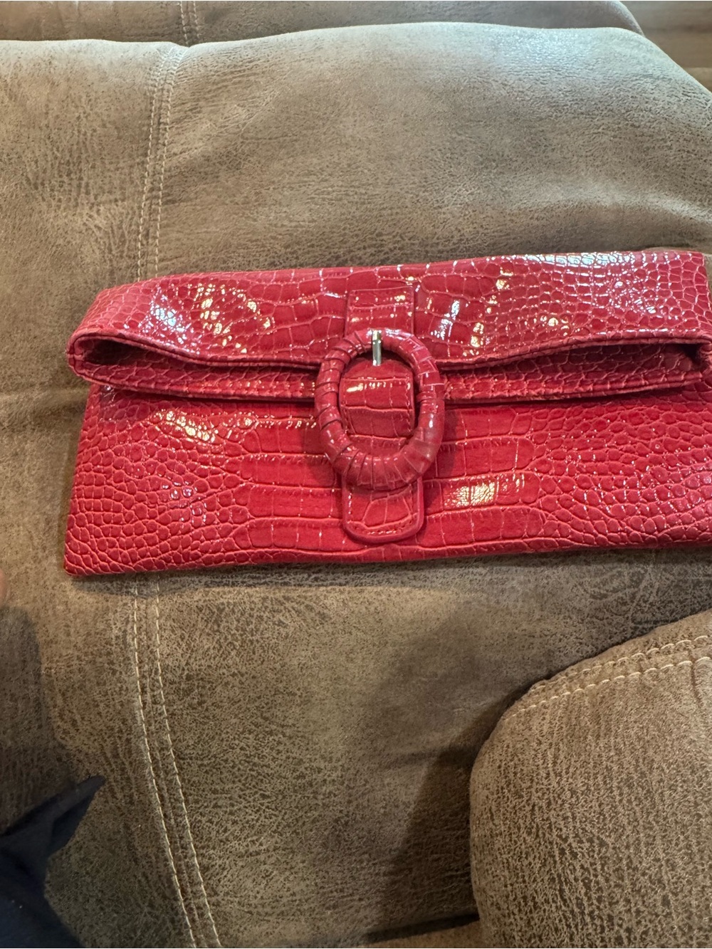 Red Croc-Embossed Foldover Clutch with Buckle Accent